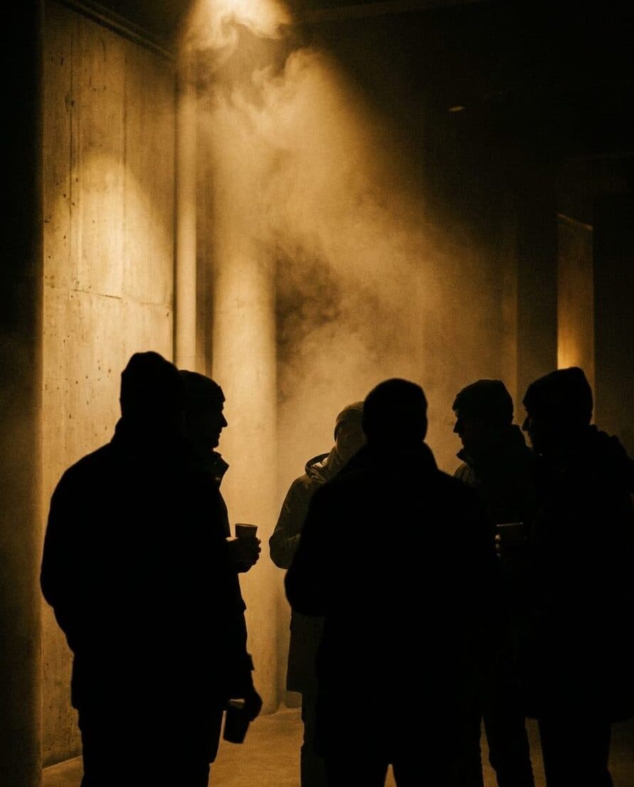 Silhouetten von Gästen beim Networking im Foyer nach der Live Show