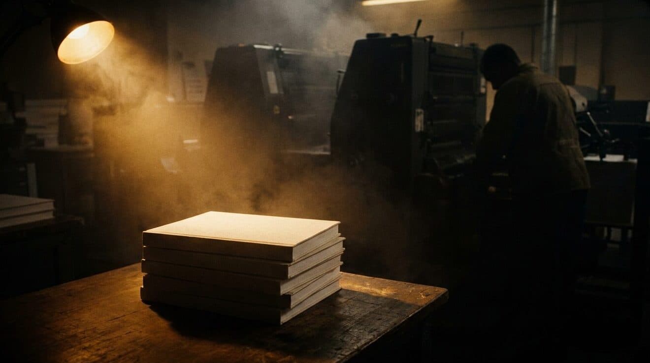 Stapel frisch gedruckter Bücher auf einem dunklen Tisch, von warmem Licht angeschnitten